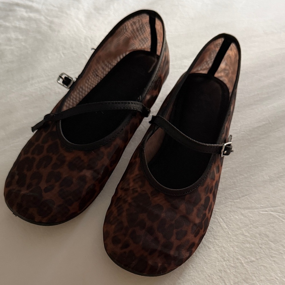 Zara Leopard Print Mary Jane Flats - Brown/Black